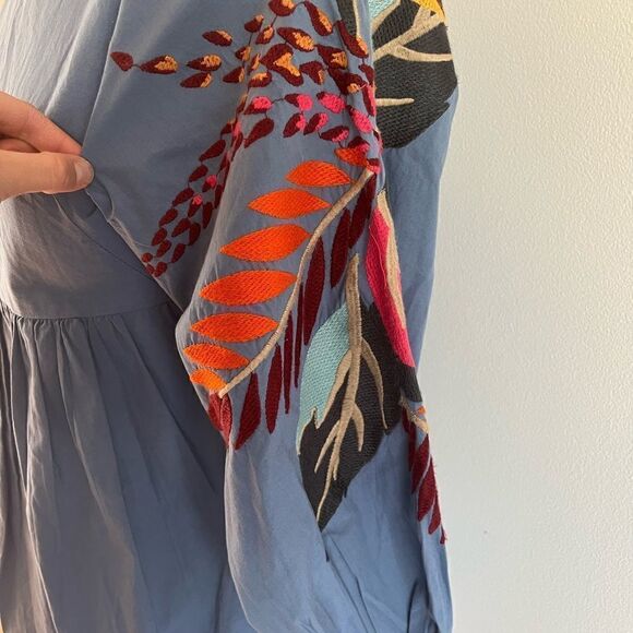 FREE PEOPLE Blue Mini Obsessions Boho Embroidered Floral Cotton Dress Women's XS - Picture 3 of 8